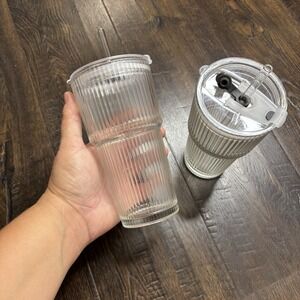 20oz Ribbed Glass Tumbler with Lids and Straws – 2 Pack Leak Proof